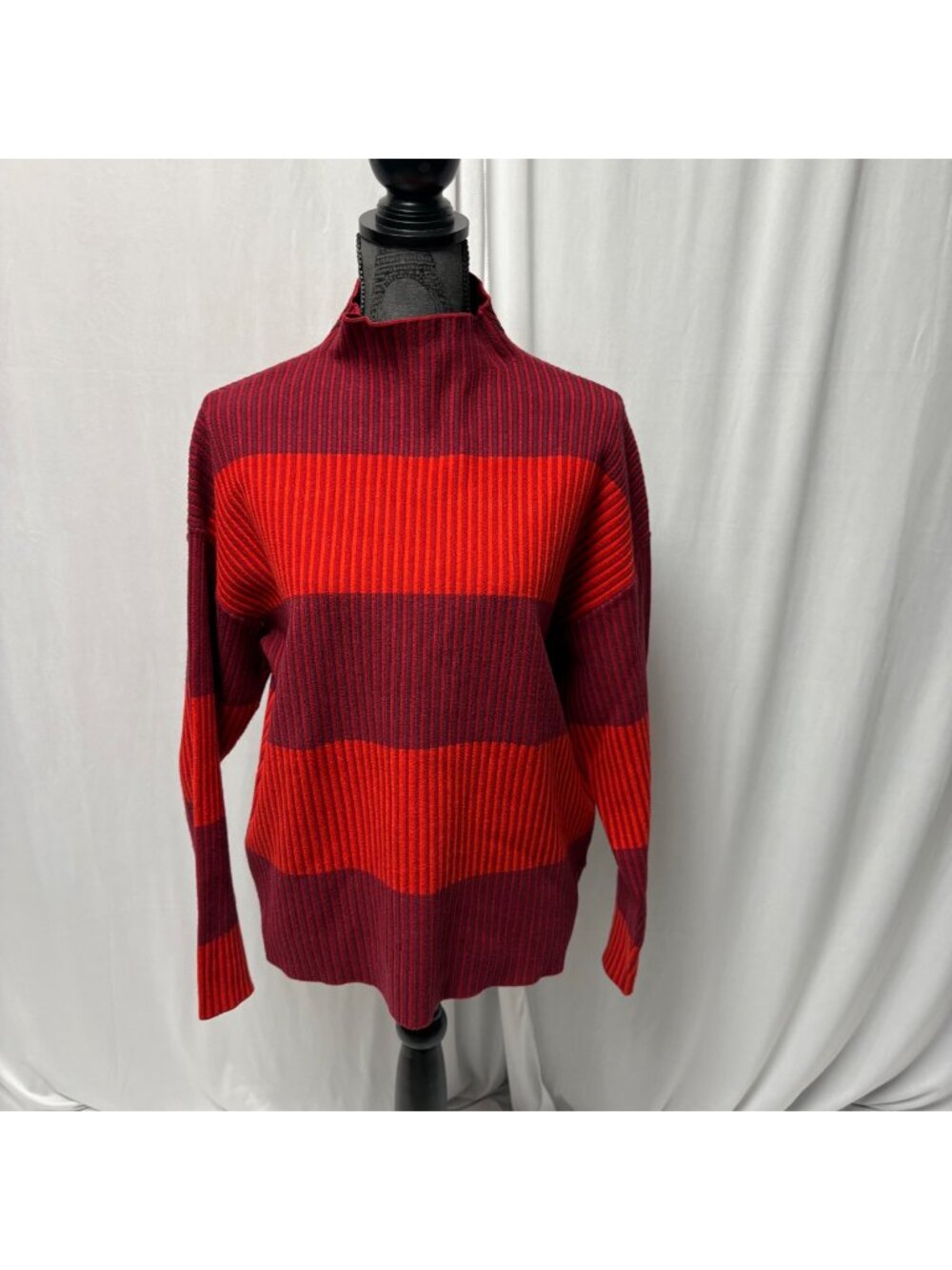 Adrienne Vittadini Ribbed Sweater Womens Size XL Red Burgundy Striped Mock Neck